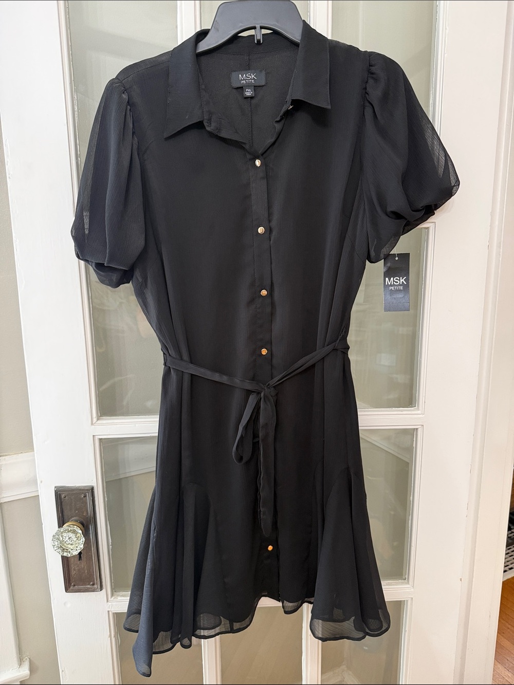 MSK Black Short-Sleeve Button-Front Mini Dress with Tie Waist